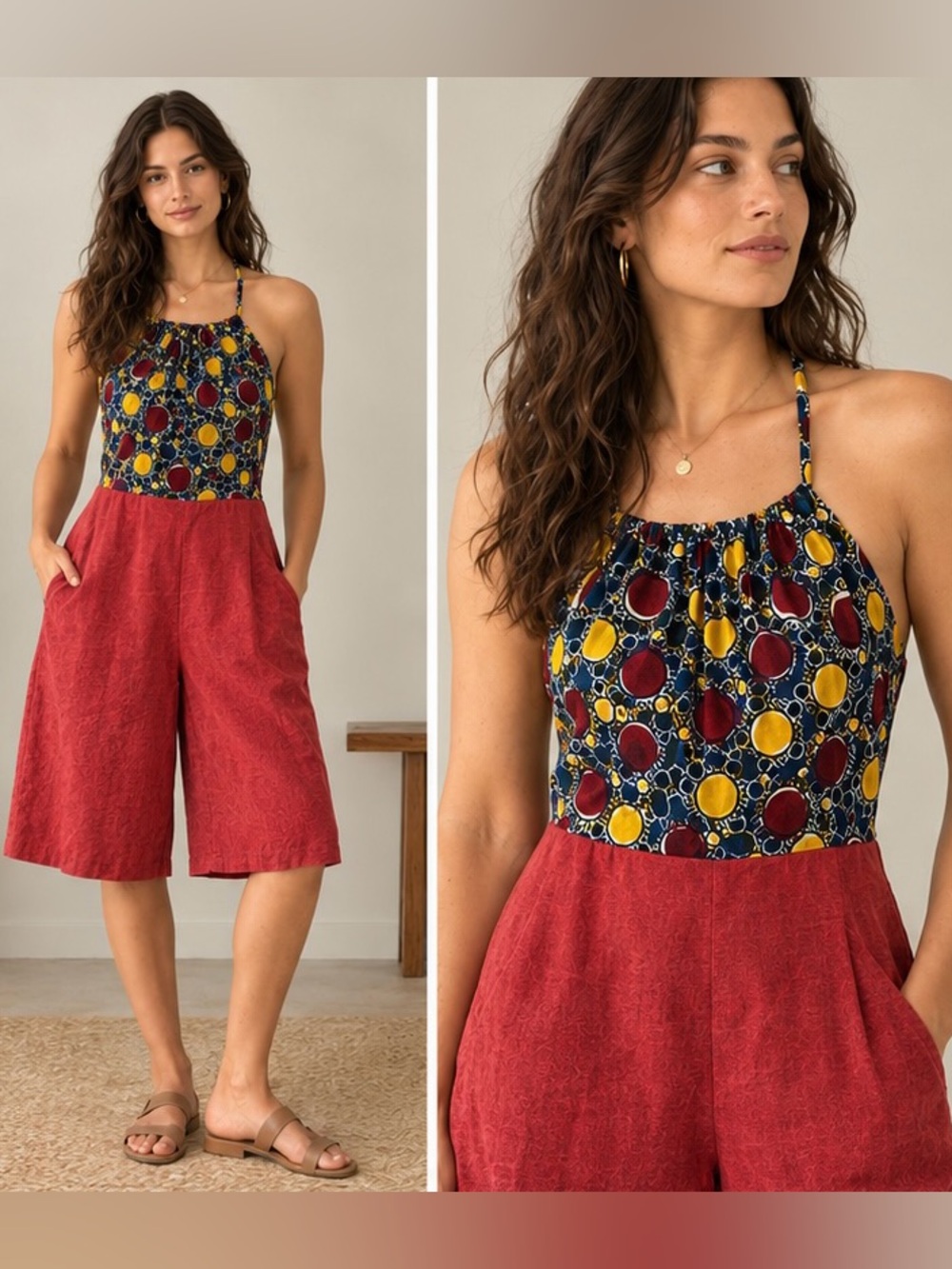 Vintage 70’s style Red Wide-Leg Jumpsuit with Patterned Navy & Yellow Bodice
